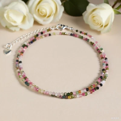 Minimalist Rainbow Tourmaline 2mm Crystal Gemstone Beads Dainty Choker Necklace - Image 1 of 4