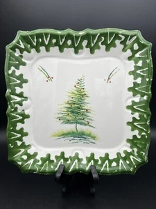 Green Christmas Tree Hand Painted Plate Made In Italy Green Border - Picture 1 of 10