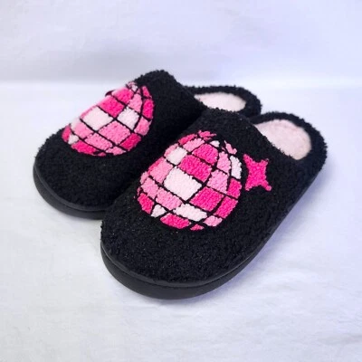 NUEVAS PANTUFLAS DISCO VAQUERA MUJER PEQUEÑAS 5-6 NEGRO ROSA DIFUSO ACOGEDOR ROPA DE SALÓN Foto 1 de 4