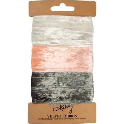 Velvet Gift Ribbon | Set of 3 | Cream | Pink | Gray | 12 Yards | NEW - Image 1 of 2