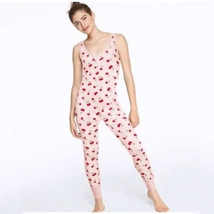 VS Pink Powder Pink Cherry Print Pajamas Jumpsuit Sleeveless S Kidcore SoftGirl - Picture 1 of 10