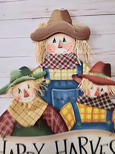 Primitive Happy Harvest 3 Scarecrows Straw Hair Bandanas Farmer Bibs Wall  3D - Picture 1 of 24