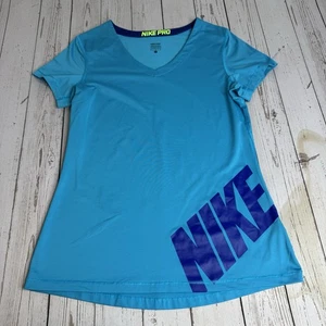 Nike Pro Dri Fit V Neck Short Sleeve Fitted Blue T Shirt Womens Large Spellout - Picture 1 of 9