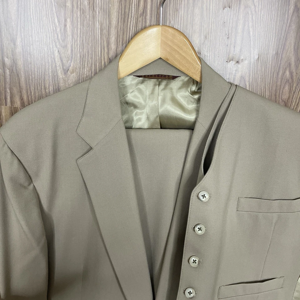 Traje Nordstrom Vintage 3 Piezas Para Hombre 42L 36x32 Beige Poliéster Sólido Chaleco Pantalones Foto 1 de 4