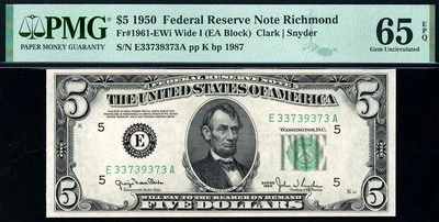 1950 $5 Richmond Federal Reserve Note FRN • 1961-E • PMG 65 EPQ - Image 1 of 2