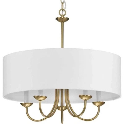 Drum Shade 5-Light Brushed Bronze White Fabric Shade Chandelier Light P4217-109 - Image 1 of 4