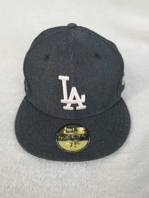 NEW ERA 59 FIFTY MLB LOS ANGELES DODGERS BLACK DENIM WHITE FITTED HAT SZ 7 3/4 - Image 1 of 4