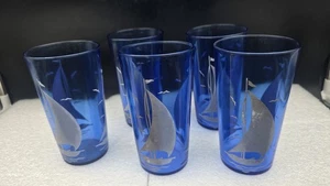 5 Vintage Hazel Atlas Blue And White Sailboat Rocksic: Juice Glass 5" MCM 9 oz - Picture 1 of 7