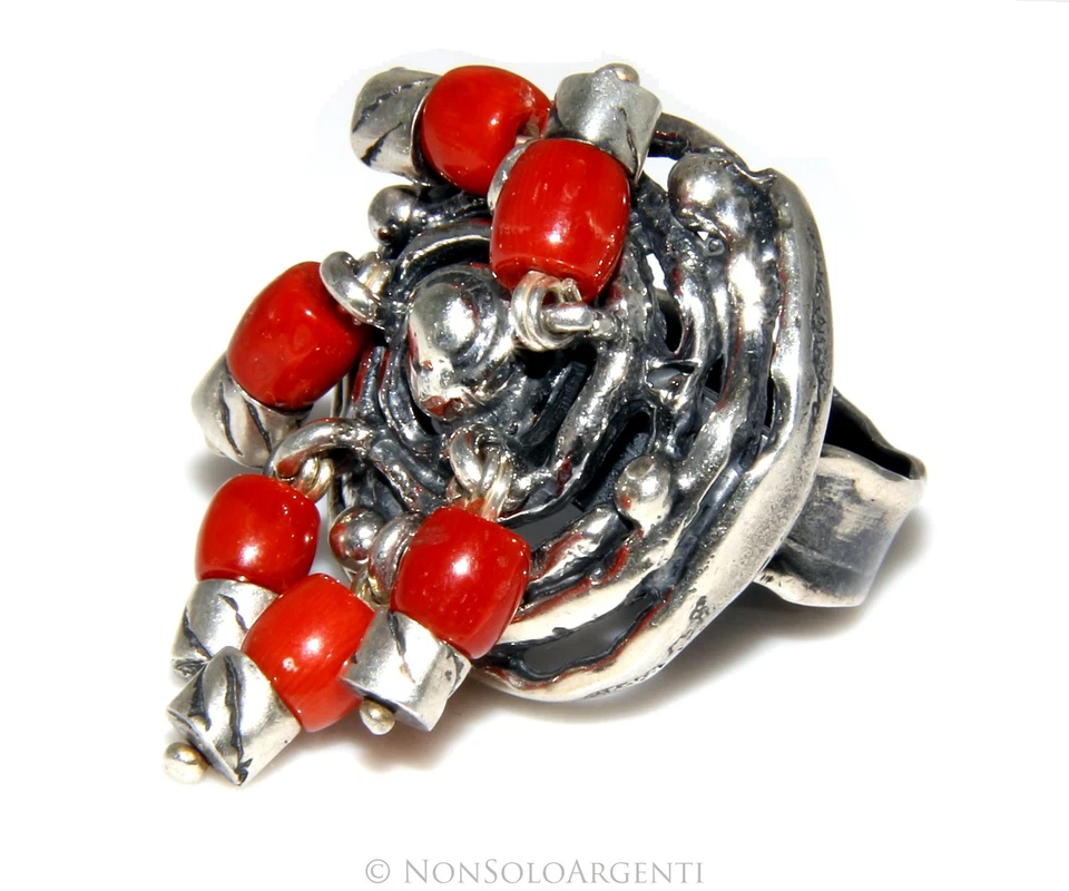 MASSICCIO ANELLO DONNA TONDO ARGENTO 925 ANTICATO CIUFFO CORALLO ROSSO VERACE 17 - Immagine 1 di 1