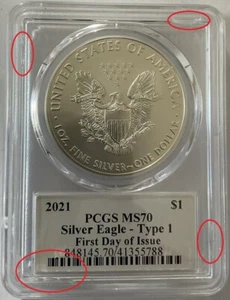 2021 American Silver Eagle $1 Coin FDOI Type 1 MS70. Thomas D. Rogers. DAMAGE. - Picture 1 of 2