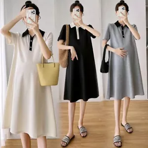 Pregnant Postpartum Maternity Women A-Line Dress Polo Neck Short Sleeve Sz 6-14 - Picture 1 of 47