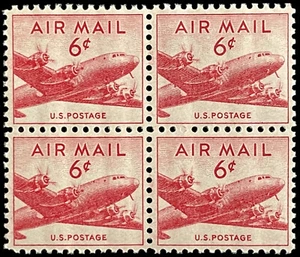 AIR MAIL 6c US POSTAGE STAMPS, 1949 RED DC-4 SKYMASTER AIRPLANE AIRMAIL - Picture 1 of 2
