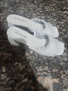 Brand New W Box Falls Creek Blue Jean Denim Sandals Womens 9M Fringe Block Heels - Picture 1 of 5