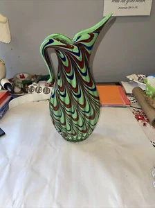 Hand Blown Green w/ Color Swirl Art Glass Ewer Shaped, in inches:15 high x 7 x 5 - Picture 1 of 3