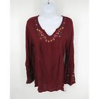 NY Collection Womens Embroidered Bell-Sleeve Top Wine Small NWT $50