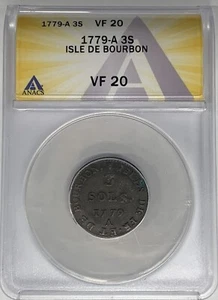 1779-A Isle DE Bourbon 3 Sols Coin ANACS VF 20 W8 - Picture 1 of 2