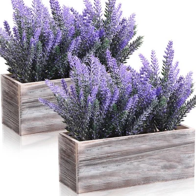 Paquete de 2 plantas de flores de lavanda falsas en maceta de madera rectangular rústica Arti... Foto 1 de 4