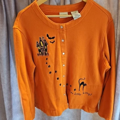 Винтажная женская толстовка на Хэллоуин XL оранжевая с привидениями дом черная кошка классическая - Изображение 1 из 4