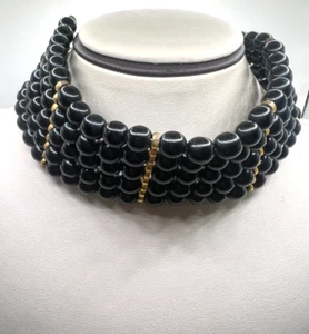 Chunky Black Beaded Choker with Gold-Plated Link Accent 16" - Picture 1 of 9