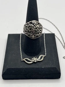 7.5 Silver 925 Flower Dome Ring Necklace Sterling 90s Boho Hippie Festival Y2K - Picture 1 of 7