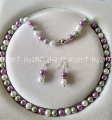 Juego de pendientes collares cuentas redondas perlas concha del mar del sur gris púrpura blanco de 8 mm Foto 1 de 3