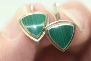 MF 925 Sterling Silver & MALACHITE TRILIAN Design DROP EARRINGS, Green - Picture 1 of 8
