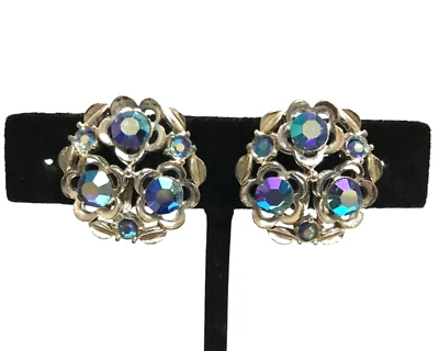 Star Signed Blue AB Aurora Borealis Flower Screw Back Earrings Silver Tone - Image 1 of 4