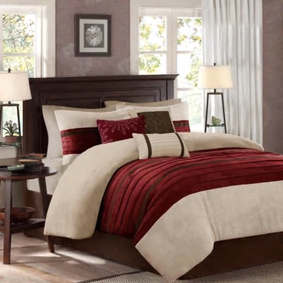 QUALITY NEW! ~ COZY ULTRA SOFT CHIC TAUPE TAN BEIGE BROWN STRIPE LEAF RED COMFORTER SET