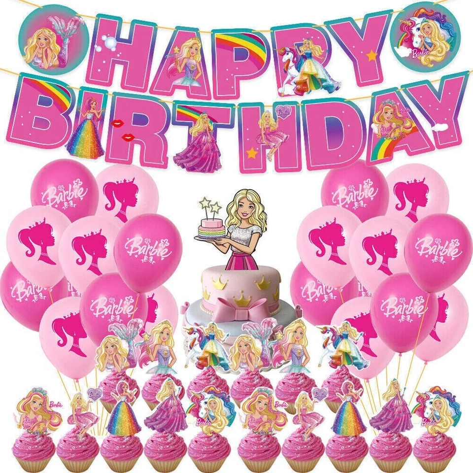 NEW BARBIE THEME PARTY SET BANNER, BALLOONS AND CAKE DECS  (1) - image 1 of 1