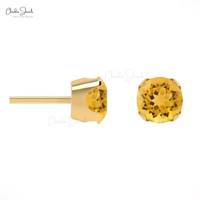 4mm Citrine Stud Earrings 14k Solid Gold Round Push Back Jewelry Birthstone Gift - Image 1 of 4