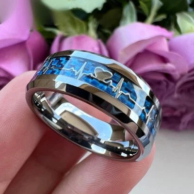 8 毫米男式女式硬质合金戒指带蓝色碳纤维和心跳镶嵌 — 第 1/4 张图片