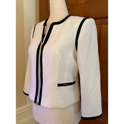 Calvin Klein Blazer Women 6P Petite White/Black Cropped Full-Zip Jacket Career - Image 1 of 4