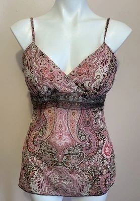 NEW VTG Y2K Babydoll Tank Top Pink Paisley Sheer 90s Fairy Sequin Lace Mesh L - Image 1 of 4