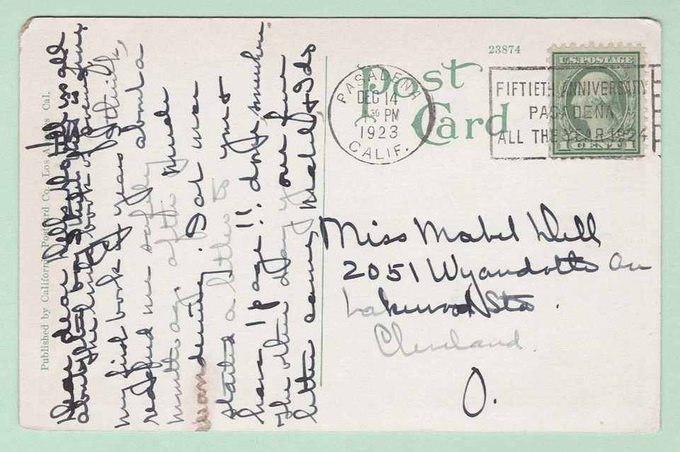 #462 on PASADENA PPC Slogan "FIFTIETH ANNIVERSARY/ PASADENA/ PARK ALL THE YEAR" - Image 1 of 3