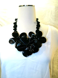 Unique Wired Formed Flower Black Faceted Glass Beads Statement Necklace (216) - Picture 1 of 14