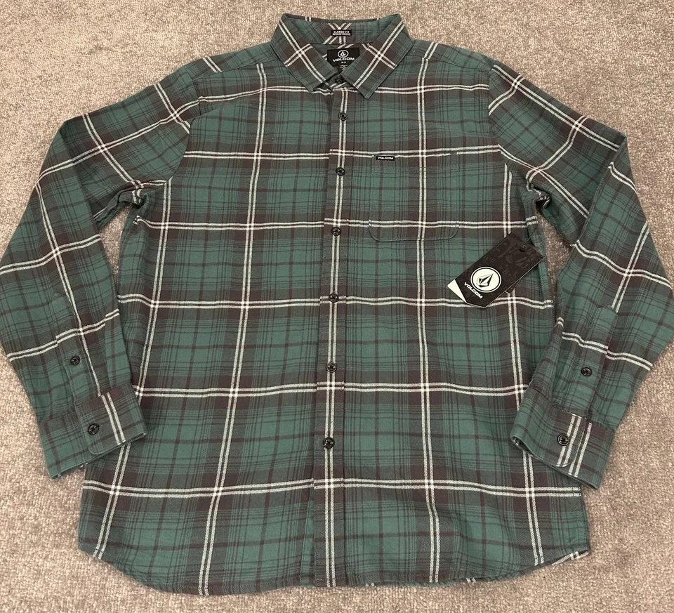 Volcom Shirt Mens Medium Green Caden Plaid Flannel Classic Fit Long Sleeve NEW - Image 1 of 4