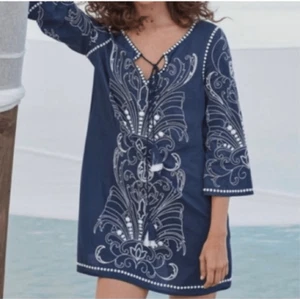 Sundance Boho Embroidered Beaded Tassel Beach Kaftan Mini Dress S - Picture 1 of 11