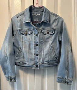 Cat & Jack Girls Distressed Denim Jean Jacket Paris Back Patch Size Medium 7/8 - Picture 1 of 12