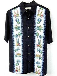 Batik Bay Tropical Shirt Herren S schwarz mit Surfbrettern Woody Wagon Palms Rayon - Bild 1 von 12