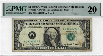 1988A $1 Federal Reserve 'WEB'note--fr.1917-A--PMG VF 20-- Serial# 00003000 - Image 1 of 4