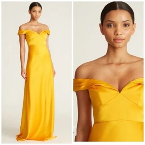 Theia Arya Off the Shoulder Satin Maxi Gown in Marigold Gold Yellow Size 4 - Picture 1 of 14