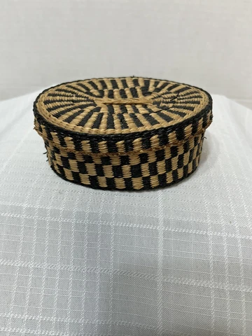 Vintage Small Woven Oval Basket with Lid Southwest Native Black Checker Pattern Cover