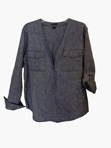 THEORY Women's Shirt LINEN Blend Blue Long Sleeve V Neck Roll Tab S - Picture 1 of 10