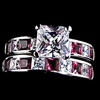 7mm_ROJO RUBÍ Y CIRCONITA TRANSPARENTE CONJUNTO ANILLO_TALLA-10_NF PLATA ESTERLINA 925 Foto 1 de 4