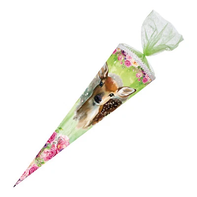 NESTLER Schultüte REHKITZ 85 cm 6-eckig Rosen Zuckertüte mit Pailletten & Spitzenschutz