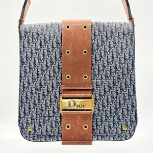 Christian Dior Trotter Shoulder Bag Purse Canvas Leather Navy Brown Auth - Picture 1 of 24