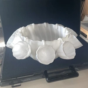 SWIRL HAZEL WARE ATLAS White Milk Glass PUNCH BOWL Set 10 Cups Vintage - Picture 1 of 8