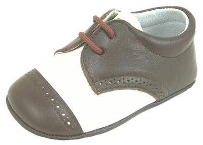 DE OSU -Spain -Baby Boys Ivory Brown Leather Dress Crib Shoes - European 16 Sz 1 - Image 1 of 4
