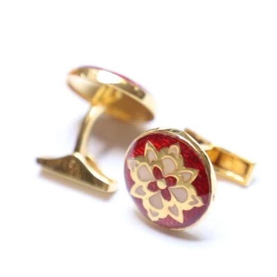Gemelos de boda enchapados en oro forma redonda esmalte rojo blanco de plata de ley 925 Foto 1 de 4