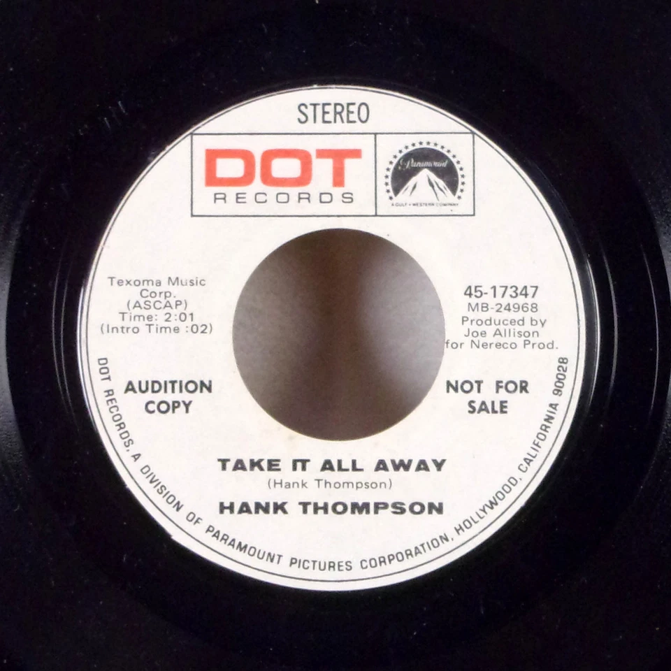 Hank Thompson Take it all Away / But That's All Right 7" 45 Dot Promo +sleeve M- - Image 1 of 1